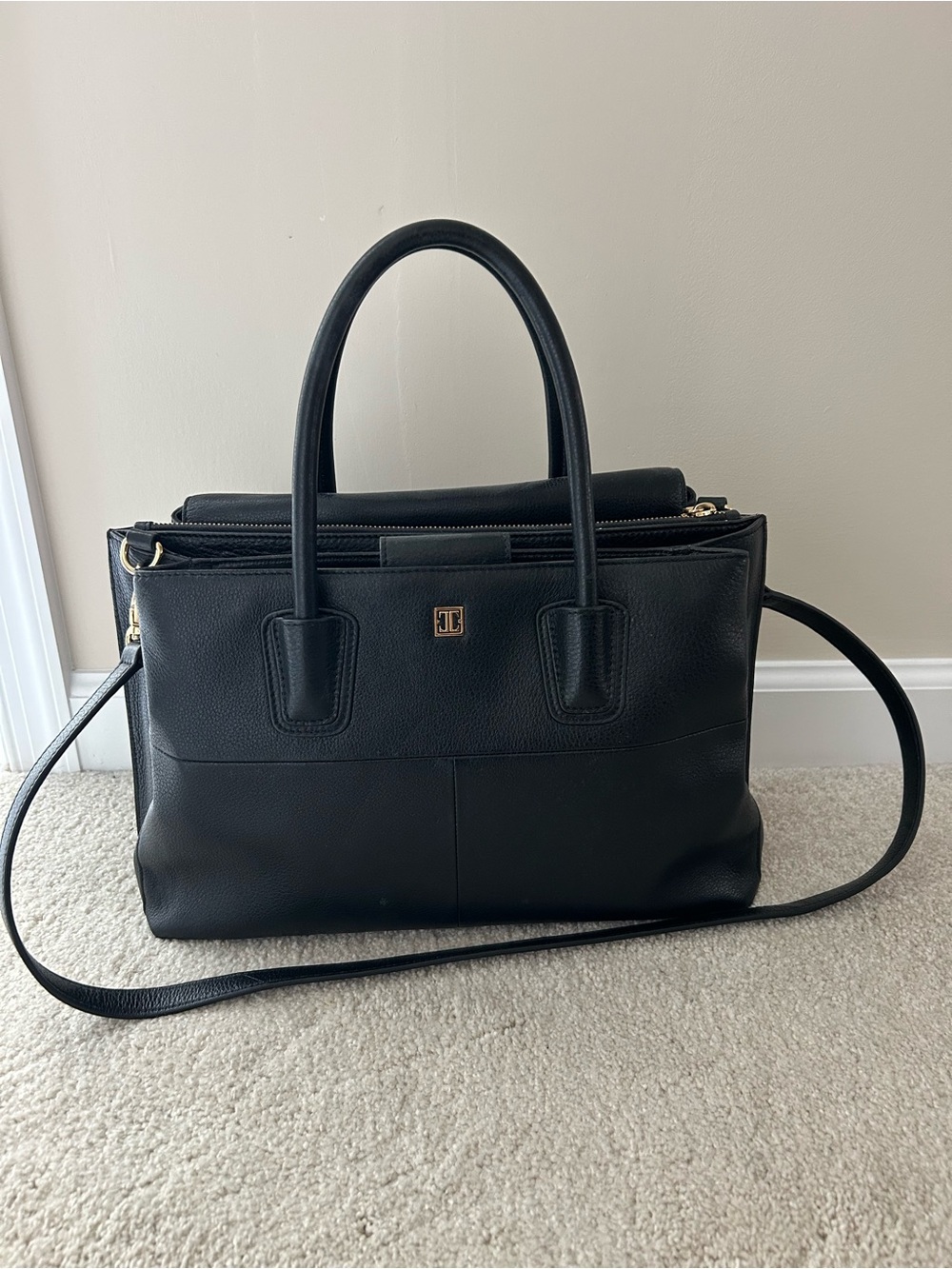 Black Leather Structured Tote Bag with Top Handles